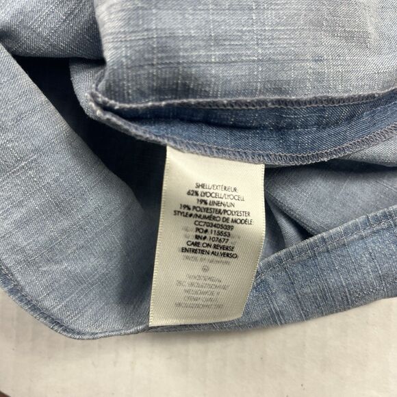 Alice + Olivia One Shoulder Chambray Top Linen Blend Ruffled Blue Shirt Large - Picture 7 of 9